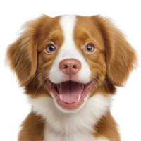 A happy brown and white puppy with joyful expression and fluffy fur looks directly at camera, showcasing its playful and friendly nature png