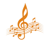 An orange treble clef and musical notes are arranged on staff, creating dynamic and artistic representation of music. design is simple yet expressive, capturing essence of musical creativity png
