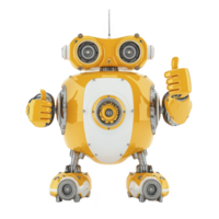 A cheerful yellow and white robot with round body and mechanical limbs gives thumbs up gesture, showcasing its friendly and futuristic design png