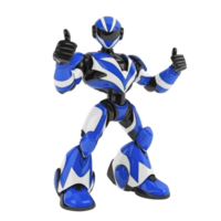 A futuristic blue and black robot with sleek design stands confidently, giving thumbs up gesture. robot dynamic pose and vibrant colors convey sense of energy and positivity png