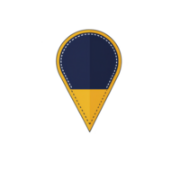 A This features stylized map pin icon with navy blue and yellow color scheme, symbolizing location or navigation. design is simple and modern.map pin icon with navy blue and yellow colors png