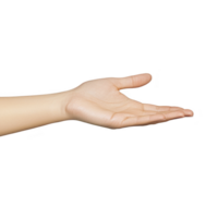 An open human hand is extended with palm facing up, suggesting gesture of offering or receiving. skin tone is light, and background is plain, emphasizing hand position and expression png