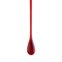 A single red liquid droplet is suspended against transparency background, showcasing its glossy texture and elongated shape. vibrant color and smooth surface create striking visual contrast png