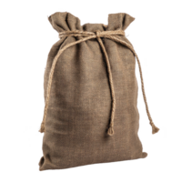 burlap sack with drawstring closure, made of coarse fabric, is shown against transparency background. rustic texture and natural color give it vintage feel png