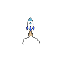 simple illustration of blue and black rocket launching into sky, leaving trail of smoke behind. design is minimalistic and playful, capturing excitement of space exploration png