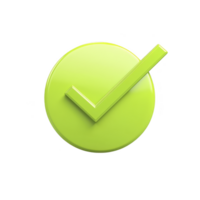 A bright green check mark symbol on circular background represents approval or confirmation. glossy finish adds modern touch to design png