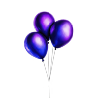 A Three vibrant purple balloons float against plain background, creating festive and joyful atmosphere. glossy surface reflects light, enhancing their vivid color and cheerful appearance png