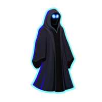 mysterious hooded figure with glowing blue eyes stands against transparency background, exuding eerie and enigmatic aura. cloak is dark, adding to sense of mystery png