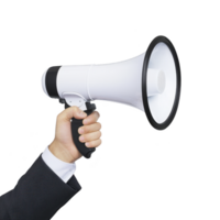 A hand holding white megaphone with black handle, symbolizing communication and announcement. image conveys sense of urgency and attention png