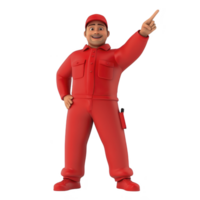 A cheerful cartoon character in red uniform and cap is pointing upwards with smile, conveying enthusiasm and positivity. character dynamic pose and bright attire make it eye catching png