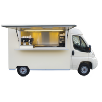 white food truck with open serving window displays coffee machine and cups, ready for service. interior is well lit, creating welcoming atmosphere for customers png