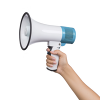 A hand holds blue and white megaphone, symbolizing communication and amplification. image conveys sense of urgency and attention. background is plain, emphasizing megaphone png