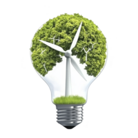 light bulb with tree and wind turbine inside symbolizes renewable energy and sustainability, highlighting concept of eco friendly innovation and green technology png