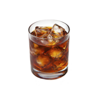 glass of dark, refreshing iced beverage with large ice cubes, perfect for cool drink. transparent glass showcases rich color of liquid, creating tempting visual png