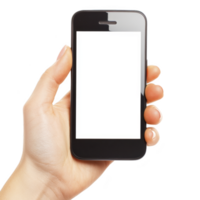 hand holding smartphone with blank screen, perfect for mockups or design presentations. phone is black, and background is isolated, highlighting device png