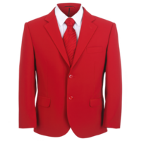 vibrant red suit jacket with matching tie and white shirt, perfect for formal occasions or making bold fashion statement. sleek design features two button closure and notched lapels png