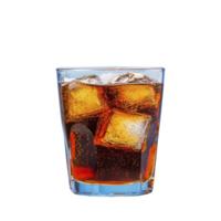refreshing glass of with ice cubes, showcasing fizzy bubbles and rich dark color of beverage. drink is served in clear glass, highlighting its cool and inviting appearance png