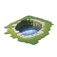 A small, stone lined pond with clear water is surrounded by lush green grass, creating serene and natural setting. tranquil water reflects sky, adding peaceful ambiance png
