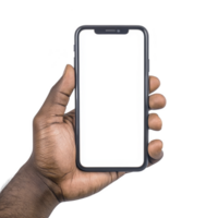 hand holding smartphone with blank screen, perfect for mockups or design presentations. phone is centered, and background is isolated, highlighting device png