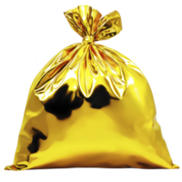 shiny gold garbage bag is tied at top, reflecting light and creating luxurious appearance. bag metallic sheen contrasts with its utilitarian purpose, adding touch of glamour png