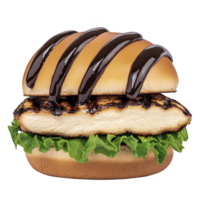 grilled chicken sandwich with fresh lettuce and glossy bun is drizzled with rich, dark sauce, creating mouthwatering and savory appearance png