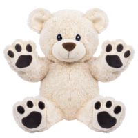 cute, fluffy teddy bear with beige fur and dark paw prints sits with its arms and legs outstretched, creating inviting and playful appearance png