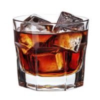 glass of whiskey on rocks, with large ice cubes, showcases rich amber color, creating classic and inviting appearance. drink is served in clear, faceted glass, enhancing its elegance png