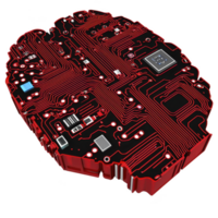 digital illustration of brain shaped circuit board with intricate red and black pathways, symbolizing artificial intelligence and technology. design is futuristic and innovative png
