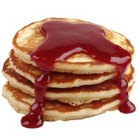 Fluffy pancakes stacked with sweet strawberry syrup drizzling down, creating delicious and inviting breakfast treat. Perfect for cozy morning meal png