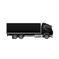 sleek black cargo truck with modern design, featuring six wheels and spacious container, ideal for transporting goods efficiently. truck streamlined appearance conveys power and reliability png