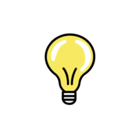 bright yellow light bulb icon with simple design, symbolizing ideas and creativity. bulb is outlined in black, with white highlight to indicate shine, set against transparent background png