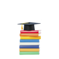 stack of colorful books is topped with graduation cap, symbolizing education and achievement. vibrant colors of books add lively touch to academic theme png