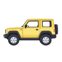 bright yellow compact SUV is depicted side view, showcasing its rugged design and off road capabilities. vehicle features boxy shape, large tires, and spare tire mounted rear, emphasizing its png