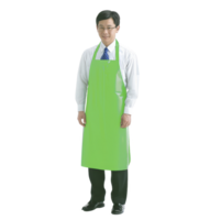 man wearing bright green apron stands confidently, dressed in formal attire with white shirt and black pants. apron adds pop of color, suggesting blend of professionalism and creativity png