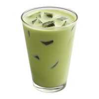 refreshing glass of iced matcha latte with ice cubes, showcasing vibrant green color. drink is served in clear glass, highlighting its creamy texture and inviting appearance png