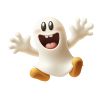 cheerful cartoon ghost with big smile and open arms, wearing orange shoes, appears to be jumping in excitement. ghost playful expression adds fun and whimsical touch to image png