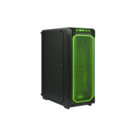 sleek black computer tower with vibrant green LED lighting on front panel, showcasing modern and futuristic design. Ideal for gaming or high performance computing setups png