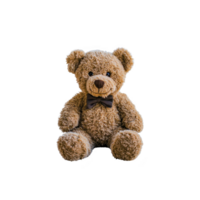 cute brown teddy bear with bow tie sits against plain background, exuding warmth and nostalgia. Its soft, plush texture and friendly expression make it ideal gift for children or collectors png
