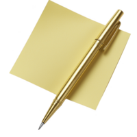 sleek gold pen rests diagonally on yellow sticky note, creating simple yet elegant composition. metallic sheen of pen contrasts with matte texture of paper, evoking sense of sophistication png