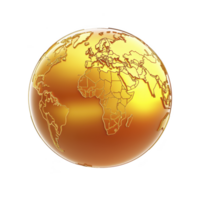 golden globe with shiny surface displays continents, highlighting Europe, Africa, and Asia. map is detailed, with borders and countries visible, creating luxurious and elegant appearance png