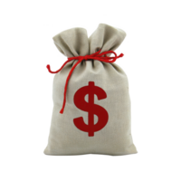 burlap sack with red dollar sign is tied with red string, symbolizing wealth or savings. simple design conveys financial themes effectively png