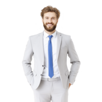 confident man in light gray suit with blue tie stands smiling, exuding professionalism and approachability. His hands are casually in his pockets, adding relaxed vibe png