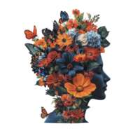 vibrant digital artwork of silhouette adorned with colorful flowers and butterflies, blending nature and human form in creative expression png