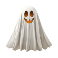 cute ghost with smiling face and orange eyes is depicted, covered in white sheet, creating playful Halloween theme. ghost expression is friendly and inviting png