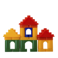 Colorful plastic building blocks form playful house structure with red, yellow, and green pieces, showcasing creativity and imagination in children toys png
