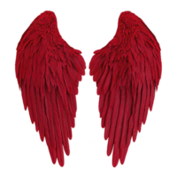 Red angel wings with detailed feathers create striking and vibrant image, symbolizing freedom and fantasy. intricate design and bold color evoke sense of wonder and imagination png