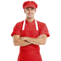 smiling chef in red uniform and hat stands confidently with arms crossed, conveying professionalism and friendliness. attire suggests culinary setting, emphasizing expertise png