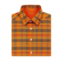 vibrant orange plaid shirt with classic collar and button down design, neatly folded. pattern features intersecting lines in various colors, creating bold and stylish look png