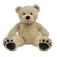 cute, fluffy teddy bear with friendly expression sits upright, showcasing its soft, beige fur and adorable paw prints on its feet. Perfect for cuddling and comforting png