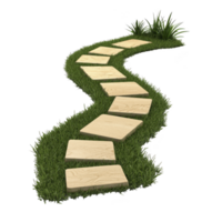 winding path of square wooden stepping stones is set in lush green grass, creating serene and inviting garden walkway. natural design adds touch of tranquility to outdoor space png